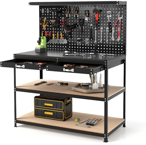 TANGZON Workbench with Pegboard, Metal Work Bench with Shelves, Topping Space, Hanging Accessories, Heavy Duty Work Table Tool Storage Bench for Workshop Warehouse (Black, 121x61x156cm)