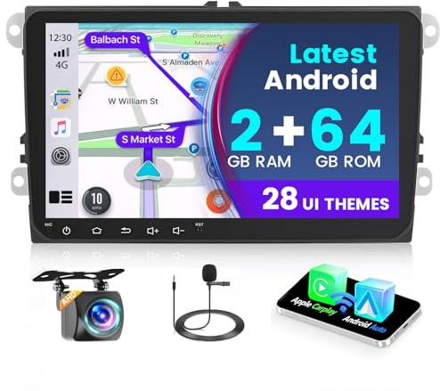 Fuluku 2+64G Android Radio para VW Golf Polo Passat Jatta Touran Tiguan T5 Trasporter con Wireless Carplay Android Auto, 9''Touch Screen Radio Coche Bluetooth/WiFi/GPS/Backup Camera/FM/RDS/SWC