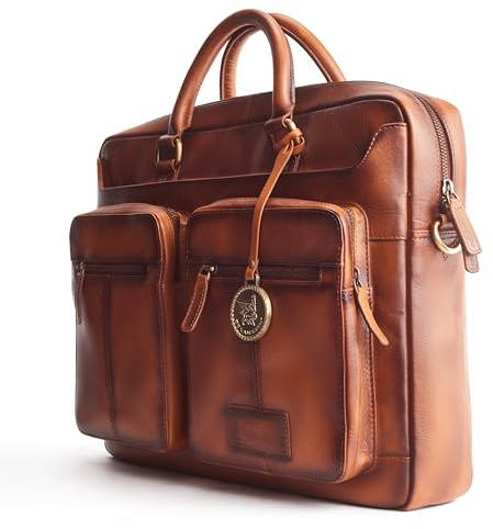 DE LAMASSU®Celina Echtleder Laptoptasche, 16 Zoll, Business Unisex Schultertasche mit Laptopfach, Reißverschlussfächer, Schwarz