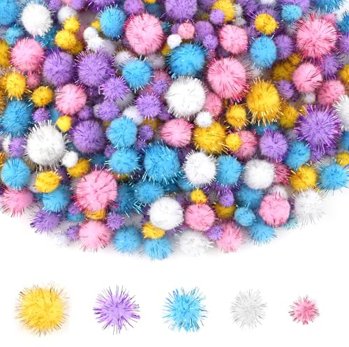 NACHLYNN 1000 Glitzer-Pompons zum Basteln Großpackung 4 Größen Bunt Weiche Flauschige Pompons Bommel zum Basteln DlY-Dekorationsaktivitäten, mit Aufbewahrungstasche (Helle Farben)