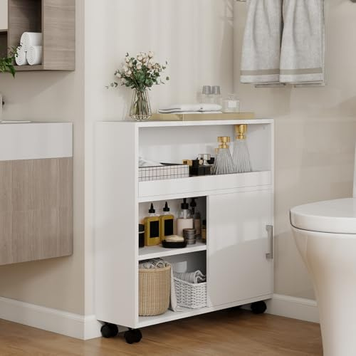 SOLIDEE Slim Bathroom Storage Cabinet, Narrow Bathroom Storage Cabinet, Bathroom Floor Cabinet with Sliding Door and Adjustable Shelf for Small Spaces, Living Room, Kitchen, White