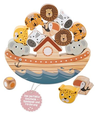 wunderwunsch small Foot Balancierspiel Arche Safari personalisiert, Motorikspiel für Kinder, Motorikspielzeug aus Holz, inkl. Würfel, ab 3 Jahren (ohne Name)