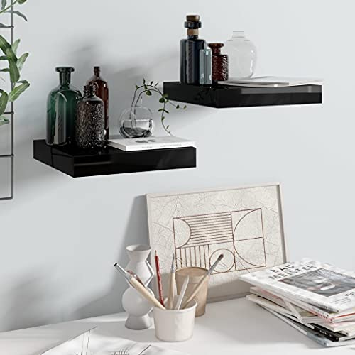 ULUYYUC Set di 2 Mensole da Muro Nero Lucido con Montaggio Invisibile, Scaffale Parete per Decorazioni Libri e Oggetti, Materiale MDF e Metallo, Dimensioni 23x23,5x3,8 cm per Arredamento Casa