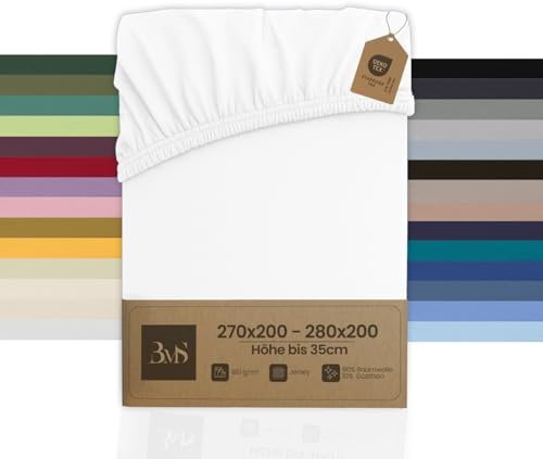 Bettwaesche-mit-Stil Familienbett Spannbettlaken Jersey Spannlaken Spannbetttuch (270x200-280x200 cm, Matratzenhöhe bis 35cm, Weiß) Gewicht: 180g/m², 90% Baumwolle 10% Elasthan