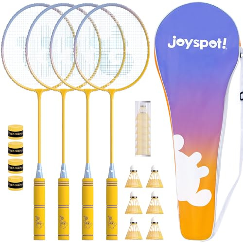 JOY SPOT! Federball Badminton Schläger 4er Set, 6 Federbälle mit Tragetasche, Leichter Federball Set mit weichem Griff, Badmintonschläger für Erwachsene & Anfänger für Indoor Outdoor im Garten