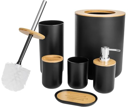 GREENSAPPIRE Bathroom Accessories Set - 6-piece Modern Bathroom Bin And Toilet Brush Set - Includes Trash Can Toilet Brush Toothbrush Holder Soap Dispenser Soap Dish and Mouthwash Cup (Black)