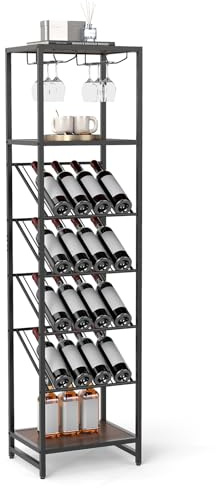 TANGZON 7-Tier Wine Rack, Freestanding Wine Storage Holder with Glass Holders, Open Shelves & Anti-tipping Device, Metal Frame Bottle Display Shelf Organizer for Home Bar Kitchen Dining Living Room