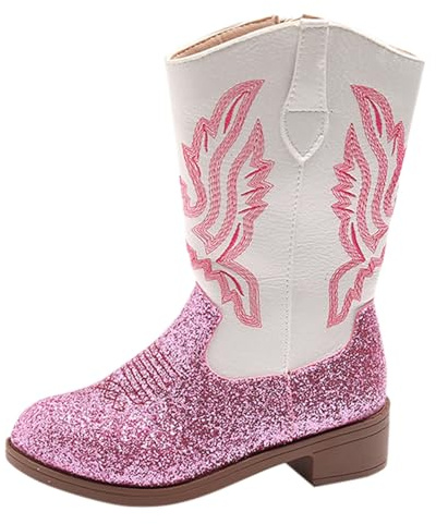 Girls Mid Calf Cowboy Boots,Sparkly Glitter Cowboy Western Mid Calf Boots Little Kids Round Toes Low Heel Zipper Party Birthday Dress Boot Riding Shoes UK 10 Light Pink Footwear