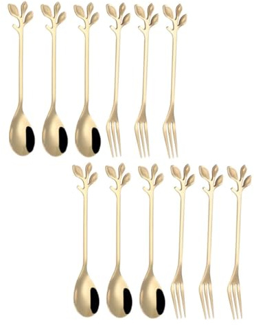TOYZFRIENDY 12 piezas Cucharas Café y Tenedores Postre Acero Inoxidable Diseño Dorado para Café y Tartas Cocina Menaje