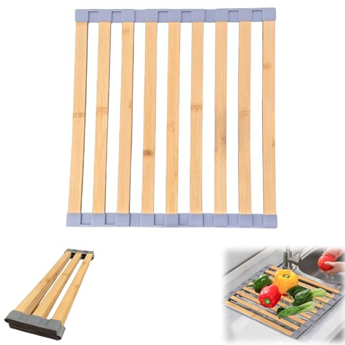 Genérico Escurreplatos sobre Fregadero, Escurridor de Platos Plegable de Bambú y Silicona, Escurridor de Platos para Fregadero de Cocina para Secar Vajilla, Vasos, Bayetas (32,5 x 40,5 cm)