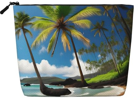 DRTGEDS Tropical Palm Tree Hawaii Beach Daily Pouch Cosmetic Bag Fake Hemp Large Organizer For Travel Toiletry Water Resistant