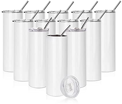 PYD Life 12 Pack Sublimation Tumblers Blanks Skinny White 20 OZ Straight Bulk Stainless Steel Cups with Metal Straw and Lid for Tumbler Heat Press Machine Sublimation Print