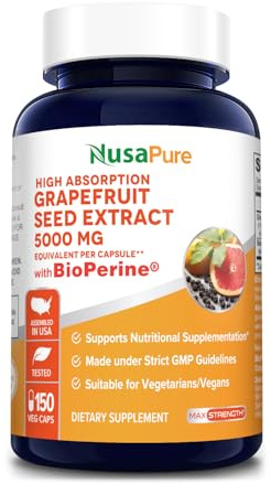 NusaPure Grapefruit Extract 5,000 mg per Capsule (Extract 10:1) Bioperine 150 Veggie caps (Gluten Free & Non-GMO)