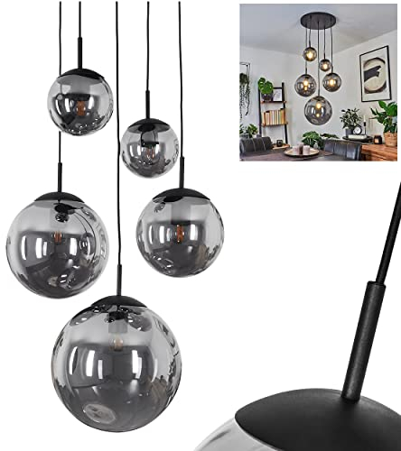 Pendelleuchte Voluntad, moderne Hängelampe aus Metall/Glas in Schwarz/Rauchfarben, Hängeleuchte, Schirme aus Glas (Ø 14cm, 18cm, 19cm, 24cm, 28,5cm), Höhe max. 450cm, 5-flammig, E27, ohne Leuchtmittel