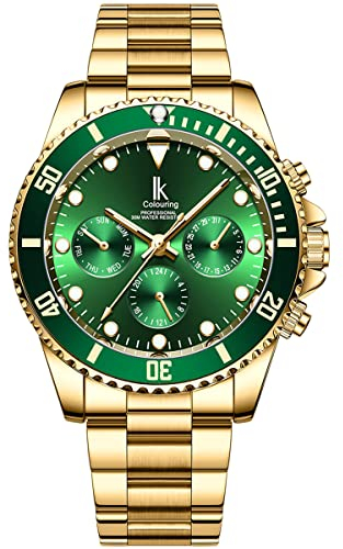 Alienwork Automatikuhr Armbanduhr Herren Damen Gold Edelstahl Metallarmband Kalender Grün Multi-Funktion Glasboden