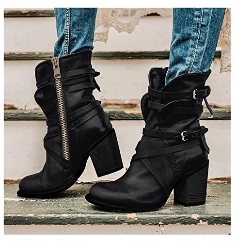 Stivaletti Invernali Da Donna Booties Alla Moda Con Fibbia Stivali Con Tacco A Blocchi Corti Boots Da Motociclista In Pelle PU Con Cerniera Scarpe Eleganti Da Donna Tacchi Alti