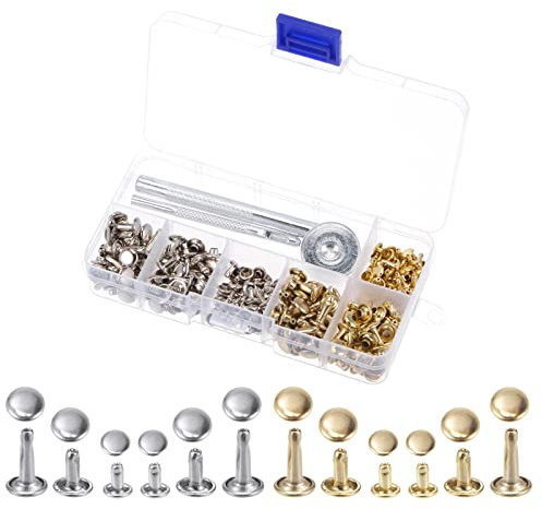 sourcing map 120 Set Leather Rivets Kit 2 Colors 3 Size Metal Studs Double Cap Rivet with 3PCS Setting Tools Rivets for Leather Fabric Repair Decoration