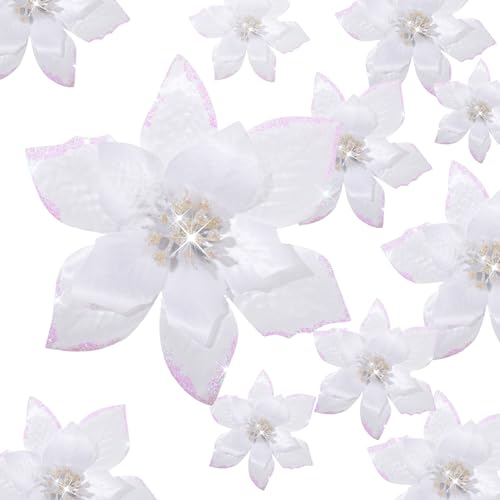 Cindeer 36 Poinsettias de Sapin de Noël Fleurs Artificielles à Paillettes avec Clips pour Nouvel An, 10 cm, 15 cm, 22 cm (Blanc)