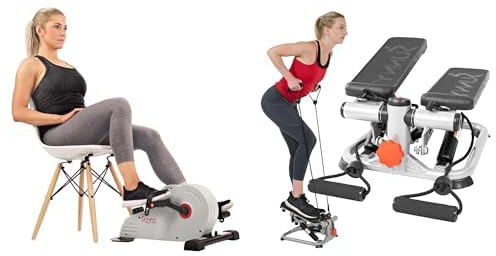 Sunny Health & Fitness Magnetic Under Desk Pedal Exerciser, Dual Function Mini Exercise Cycle Bike + Advanced Mini Home Steppers, Total Body Workout Stair Machine with Resistance Bands