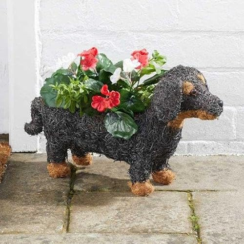Garden Mile Blumentöpfe mit Tiermotiven, Rattan-Stroh, Pflanztöpfe, Shelley, Schafe und Scottie-Hund, Gartendekoration für Garten, Rasen und Terrasse, Pflanzgefäße (1, Wursthund)