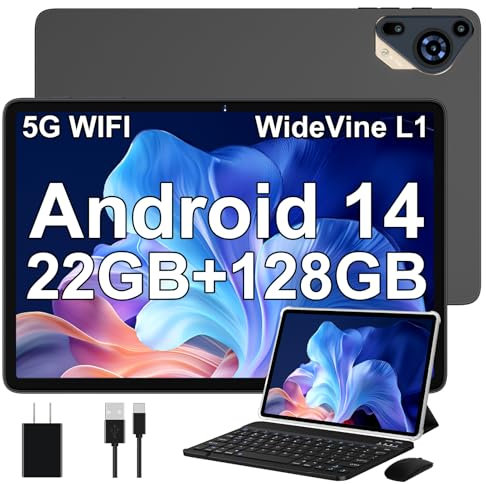 SKYEGG Tablet 10 Pulgadas Android 14, 22 GB RAM + 128 GB ROM (Ampliable a 1TB), Widevine L1, 5G Wi-Fi, GPS, 8000 mAh, 8 Cores 2.0 GHz, 5MP + 8MP, FHD Tablet con Teclado + Ratón + Funda, Gris