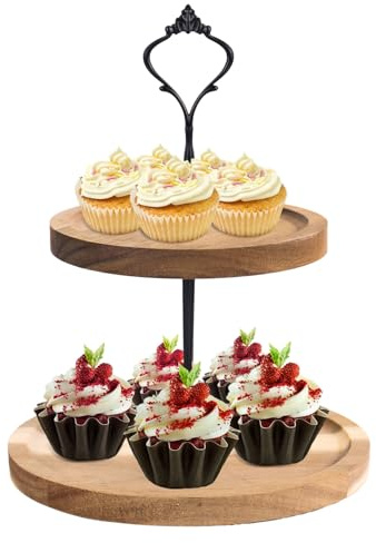 Tårtstativ / cupcake-stativ av trä, Tårtställning | tårttallrik, kakställ, hållare med metallhandtag, våningar med 2 nivåstativ för desserter, kakor, för jul, bröllop, födelsedag