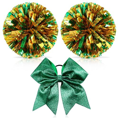 Hanaive Cheerleader-Pompons und große Cheerleader-Haarschleife, metallisch, für Teamgeist, Sport, Tanzen, Cheering, 3 Stück (Grün, Gold, Glitzer)
