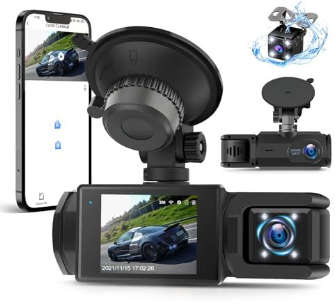 CAMECHO WiFi Dash Cam Front and Rear Inside, 3 Channel Dashcam for Cars, Dash Camera with Night Vision, G-Sensor, Loop Recording, 2” Display, Dirving Recorder, Dashboard Camera