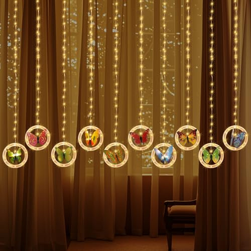 LED Lichterkette Schmetterling Innen, 10 Stück Lichterkette Vorhang Frühling Deko mit Haken USB Wiederaufladbarer, Fairy Lights für Festival, Party, Valentinstag Hochzeit (A)