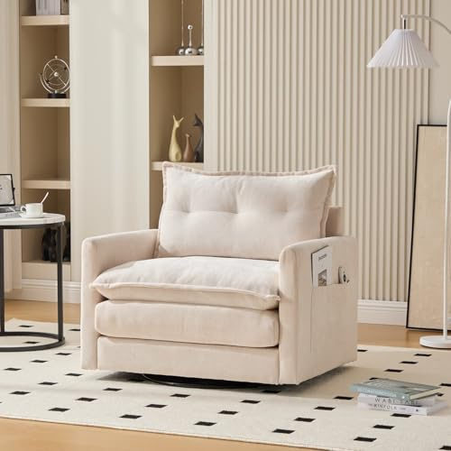 KOMHTOM Fauteuil Salon Pivotant à 360°, Canapé Simple, Fauteuil Rembourré, avec Coussin et Poche de Rangement Latérale, pour Salon, Chambre à Coucher et Bureau (Beige)