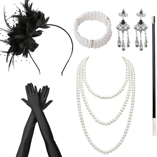 DTAOZFA Accessoires des années 20, ensemble d'accessoires 1920 pour femmes, accessoires de robe des années 20, parfait pour le carnaval, soirée dansante avec bandeau, bracelet, collier, gants, boucles