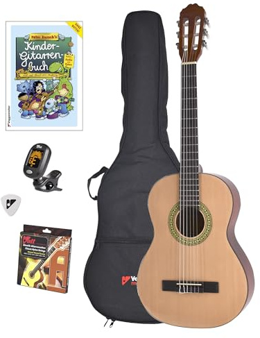 Voggy’s Kindergitarren-Set ¾ - Gitarre für Kinder ab 8 Jahren im Komplettset mit Zubehör auch geeignet für Anfänger, natur