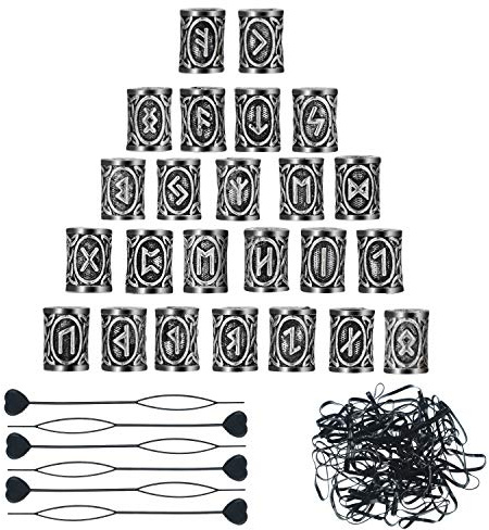 WILLBOND 24 Stück Wikinger Haar- und Bartperlen Set | Nordische Flechtperlen mit 6 Einfädelnadeln, 200 Gummibändern & Beutel - Viking Dreadlock Schmuck für Männer & Frauen