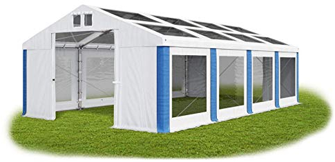 Das Company Transparentes Partyzelt 4x8 m wasserdicht weiß-blau ganzjährig Stahlseile Dachplane modular 580g/m² PVC Gartenzelt Winter Plus MST