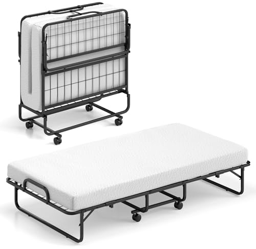 Giantex Folding Bed with Mattress for Adults, Twin Size Rollaway Beds for Guest, Space Saving Portable Foldable Bed w/Memory Foam Mattress & Metal Frame for Easy Storage, 75x 38