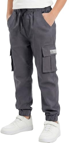LAUSONS Boys Cargo Trousers for Kids Joggers Pants Elastic Waist Casual with Multi Pockets Grey 14-16 Years