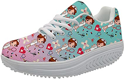 Showudesigns Calzado Running Mujer Enfermera Zapatillas de Deporte Casual Sneakers para Caminar Plataforma Zapatillas con Cordones Shake Toning Rocker EU 39 Arco Iris Colorido Rosa y Aqua