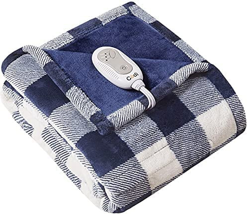 Manta térmica eléctrica de felpa suave, manta terapéutica de microluz a cuadros azules, 3 ajustes de calor con apagado automático, cable de alimentación de 6 pies, lavable