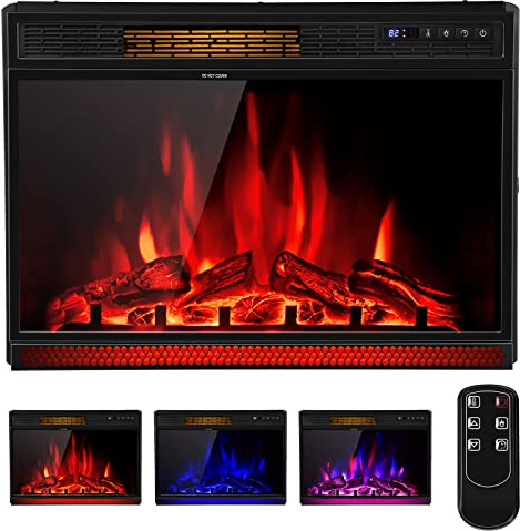 COSTWAY Electric Fireplace Insert 28-Inch Wide, 900/1350W Recessed and Freestanding Heater with Remote Control, 3 Flame Colors, 4 Brightness, Adjustable Temperature, Electric Fireplace for Indoor Use