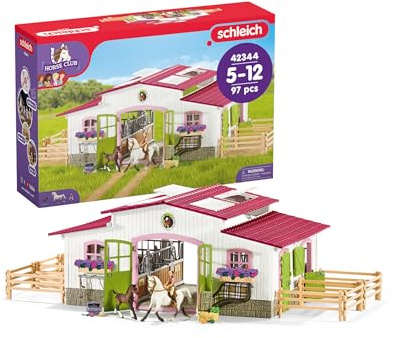 schleich HORSE CLUB | Centro ecuestre con amazona y caballos 42344 | Set con establo, figura, 2 caballos y accesorios | Regalo para niños | Juguete a partir de 5 años | 97 piezas | exclusivo de Amazon