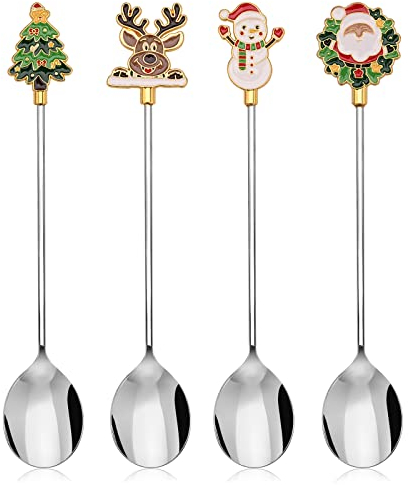 Weihnachts Kaffee Löffel,4Stück Weihnachtslöffel Weihnachten Edelstahl Dessert Teelöffel mit Weihnachtsanhänger Weihnachtsbaum Elch Schneemann Weihnachtsmann für Teesuppe,Geschenkbox Verpackung Silver