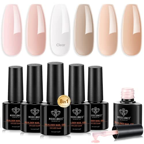 Modelones Builder Nail Gel 6 Pcs, 8 in 1, colla per unghie finte, set di gel per unghie in gel Nude per unghie in gel, costruttori per unghie Strengthener Extension Base Coat