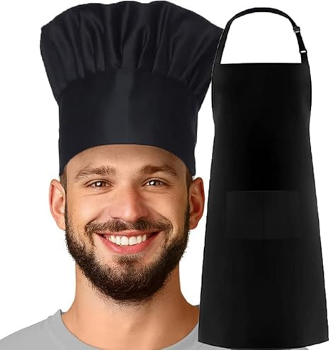 MFAZ Morefaz Ltd Set grembiule bianco nero + cappello da chef tasca barbecue catering cuoco cucina grembiule