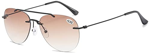 Lanomi Bifokale Pilot Lesebrille Blaulichtfilter Rahmenlose Sonnenbrille Leichte UV400 Schutz Outdoor Lesehilfe Sehhilfe Randlos Sonne Brille mit Stärke Schwarz Rahmen Braun Linse 1.5