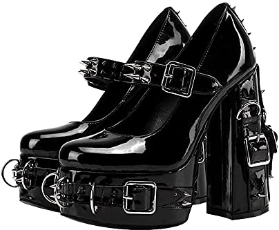 MissHeel Plateau Mary Janes mit Blockabsatz Damenschuhe Nieten High Heels Punk Gothic Lolita Stil Schwarz EU 43