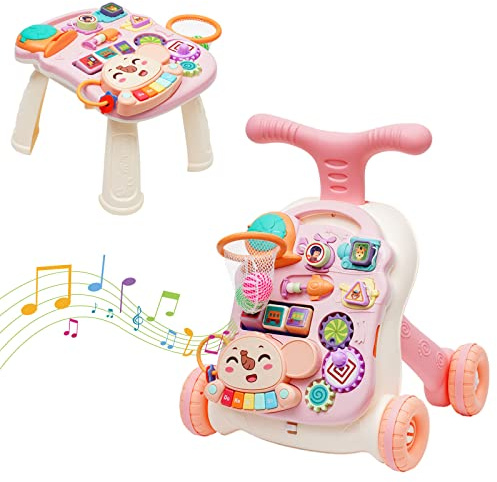 3 in 1 Baby Walker and Activity Center for Girl, Sit to Stand Learning Walk, Early Educational Push Toys with Panel for Infant Toddlers Push Toys Gifts for Girl