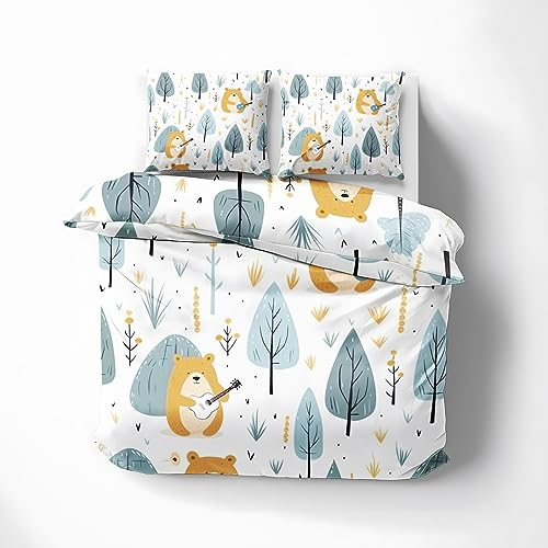 ZDABAOEC Bettwäsche Bär 135x200, Waldtiere Wendebettwäsche, 110gsm Microfaser Bettbezug 2er Set, Weich Kuschelig Bügelfrei, 1 Kopfkissenbezug 80x80, mit Reißverschluss
