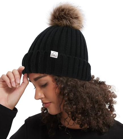 Hat Hut Berretto Invernale Donna con Pompon Cappelli Invernali in Raso Foderato per Capelli Ricci Caldo Pom Pom Beanie a Maglia Bobble Hat
