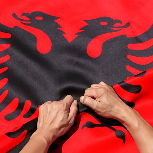 Anley Reißfeste, doppelseitige, dreilagige Albanien-Flagge, 90 x 150 cm, lebendige Farben, Leinenkopf und knitterfrei, die stärksten und langlebigsten albanischen Nationalflaggen, 90 x 150 cm