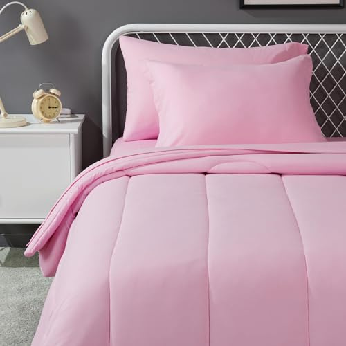 Amazon Basics 5-Piece Soft, Easy-Wash Microfiber Kid's Bed-in-a-Bag Bedding Set with Sheet and Comforter, Twin, Pink, Solid